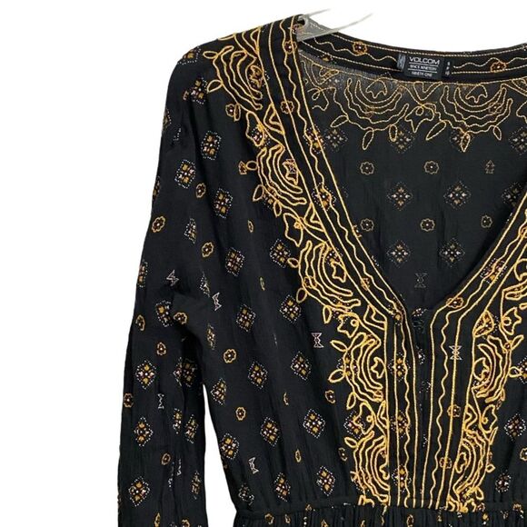 Volcom Champain Trail Mini Dress Size S Boho Folksy Black Gold Embroidered Rodeo - Picture 6 of 16